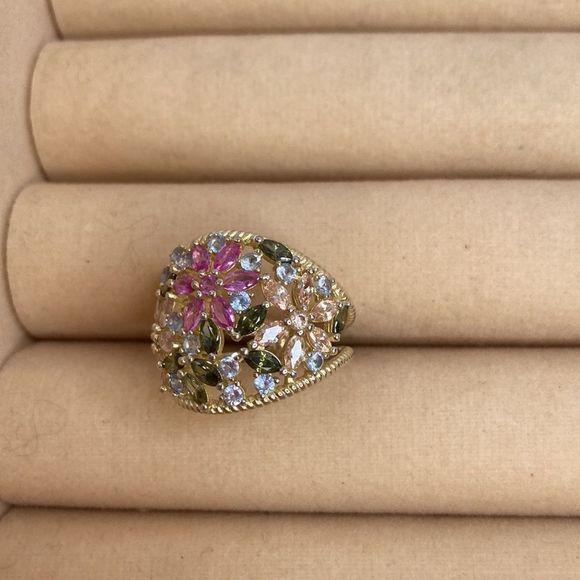 Cate d' Argent Ring 14k Gold Plated Over 925 Sterling Multi Colored Stones Ring - Picture 6 of 13